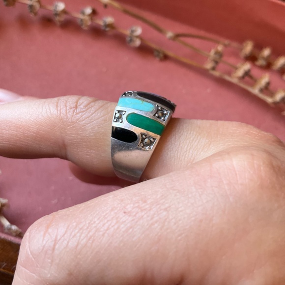 Stone Inlay Sterling Navajo Ring - Picture 2 of 9